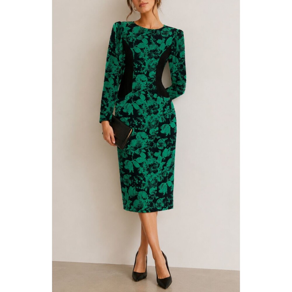 Vintage Maggy London Dress Womens Small Green Floral Pockets Midi Retro 90s